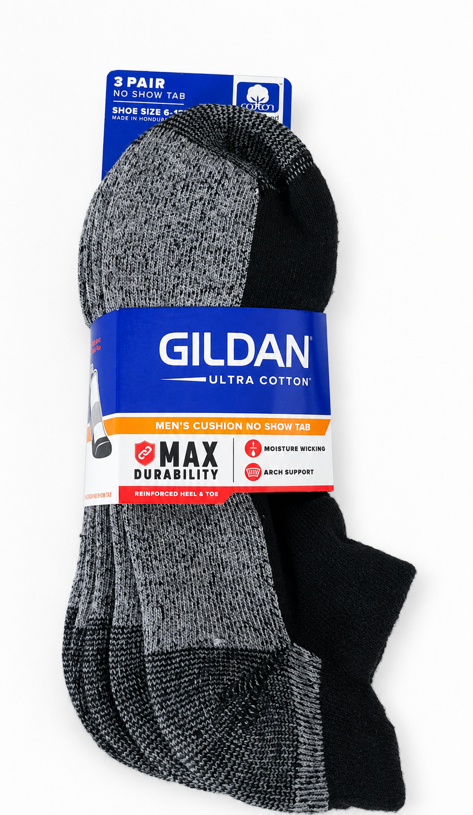 Gildan Men’s Ultra Cotton Cushioned No-Show Tab Socks – 3 Pair