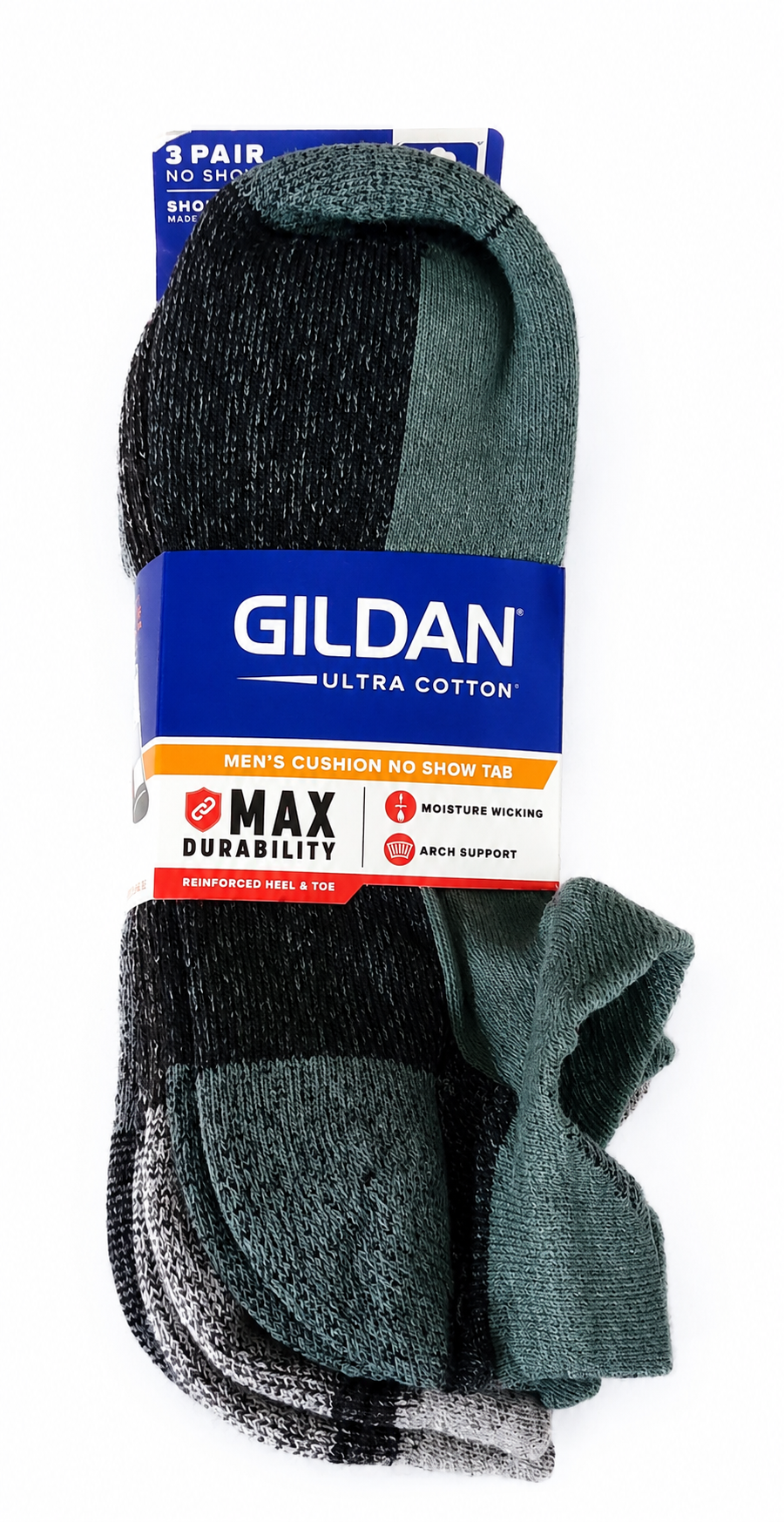 Gildan Men’s Ultra Cotton Cushioned No-Show Tab Socks – 3 Pair