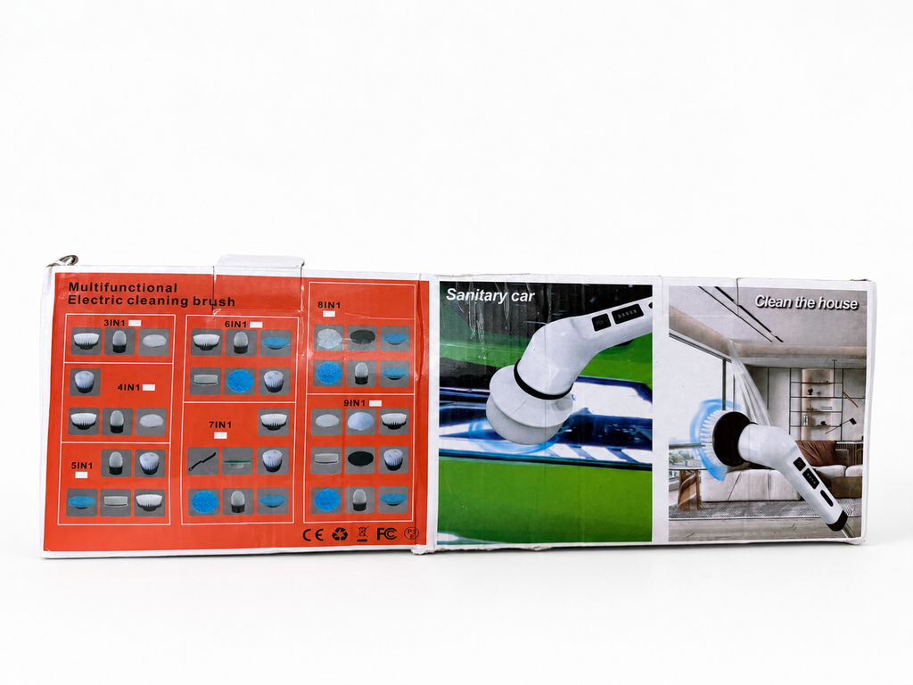 Electric cleaning brush box showing nine attachments and household and car uses